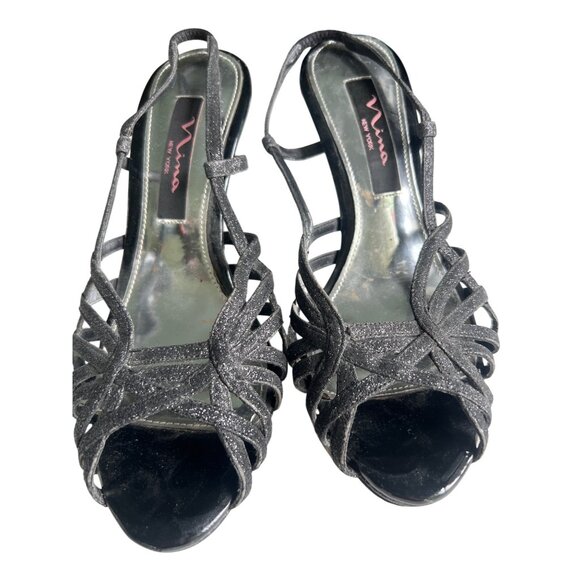 Nina New York Black Glitter Strappy High Heel Sandals Shoes Size 6M - Picture 1 of 6